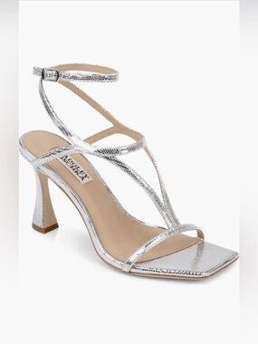 Badgley Mischka Metallic Silver Strappy Ankle‑Wrap Heel
